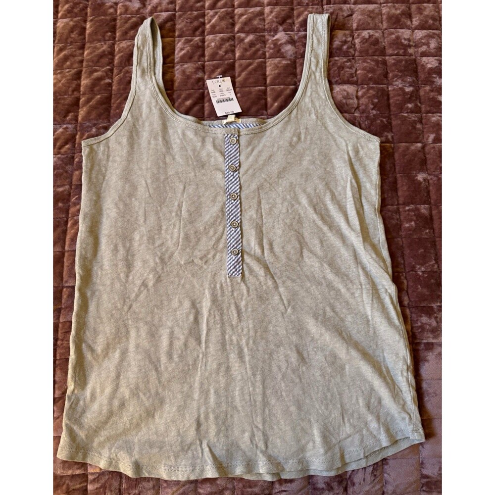 NWT J.Crew Women’s L Gray Cotton Henley Tank Top Striped Placket